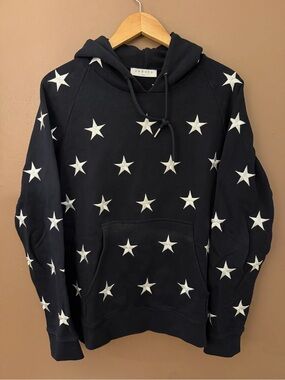Sandro Paris Navy/White embroidery star Cotton Pullover Hoodie L front pockets